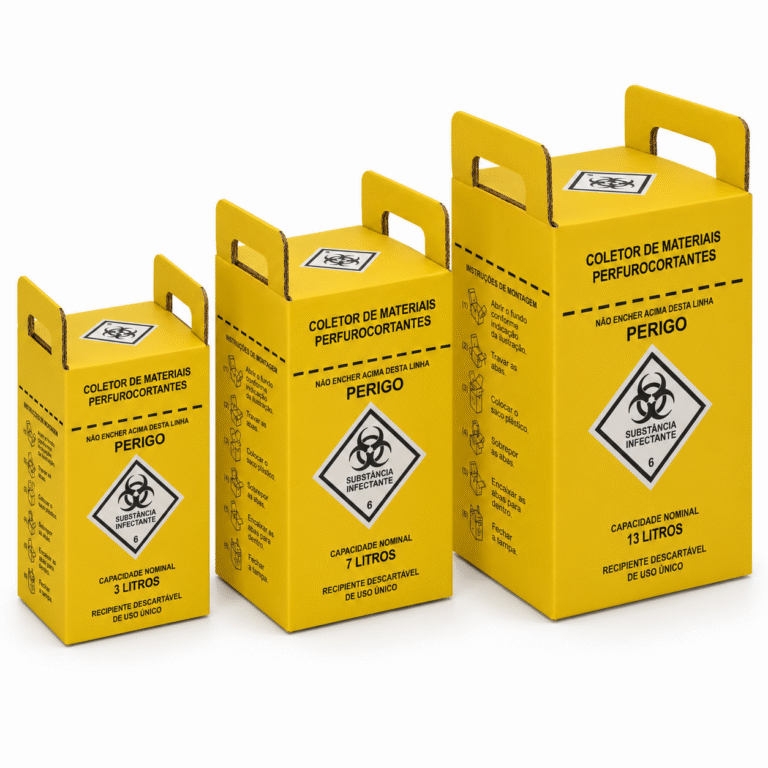 Coletor amarelo para descarte de materiais perfurocortantes