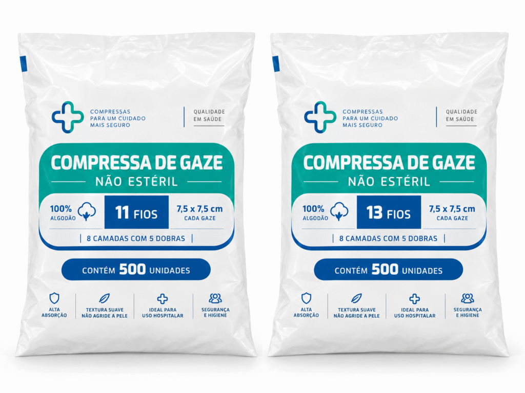 Duas embalagens de compressa de gaze não estéril 7,5 x 7,5 cm, com versões 11 fios e 13 fios