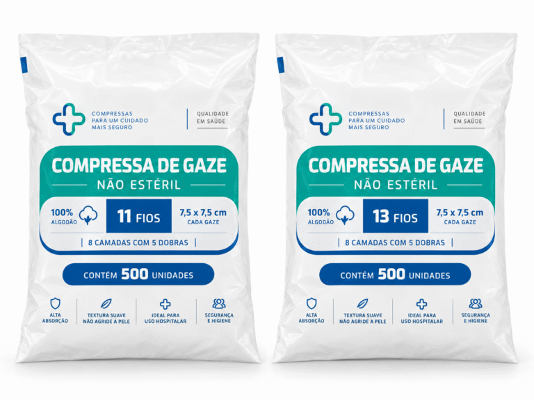 Duas embalagens de compressa de gaze não estéril 7,5 x 7,5 cm, com versões 11 fios e 13 fios