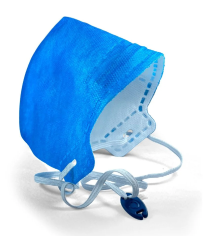 Respirador PFF2 azul sem válvula, com formato dobrável e elásticos de ajuste