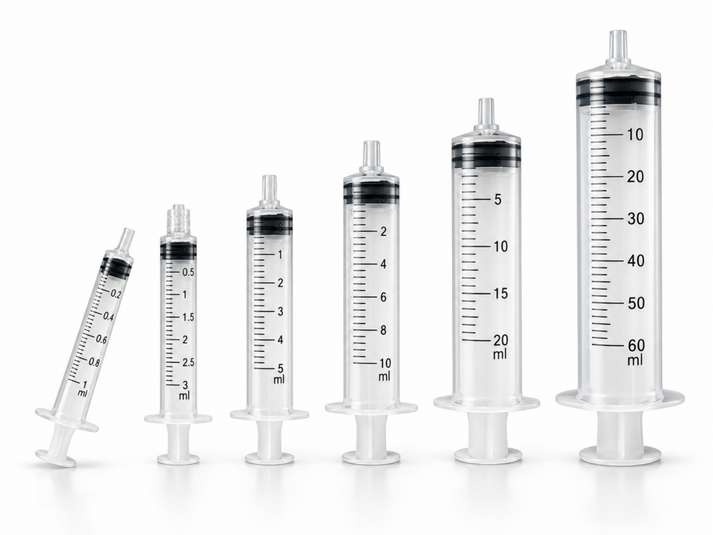 Seringas hipodérmicas transparentes em diferentes calibres alinhadas sobre fundo claro.