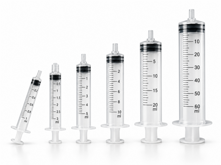 Seringas hipodérmicas transparentes em diferentes calibres alinhadas sobre fundo claro.